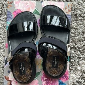 Louis Vuitton monogram black patent leather sandals boost rubber sole 37